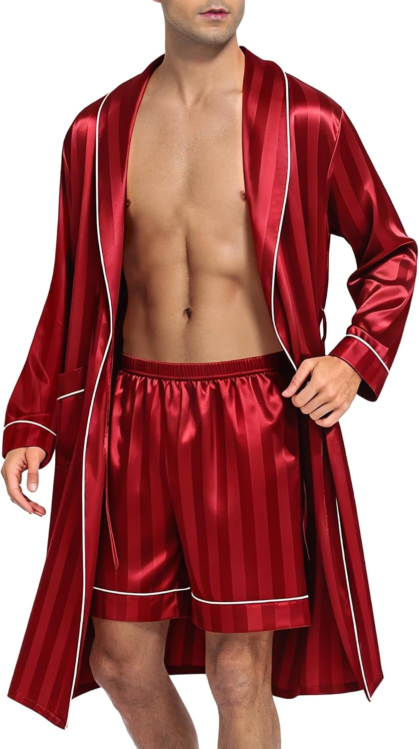 image:imageSWOMOG Mens Satin Robe Silky Kimono Bathrobe with Shorts Set Lightweight Soft Loungewear NightwearRed Stripes
