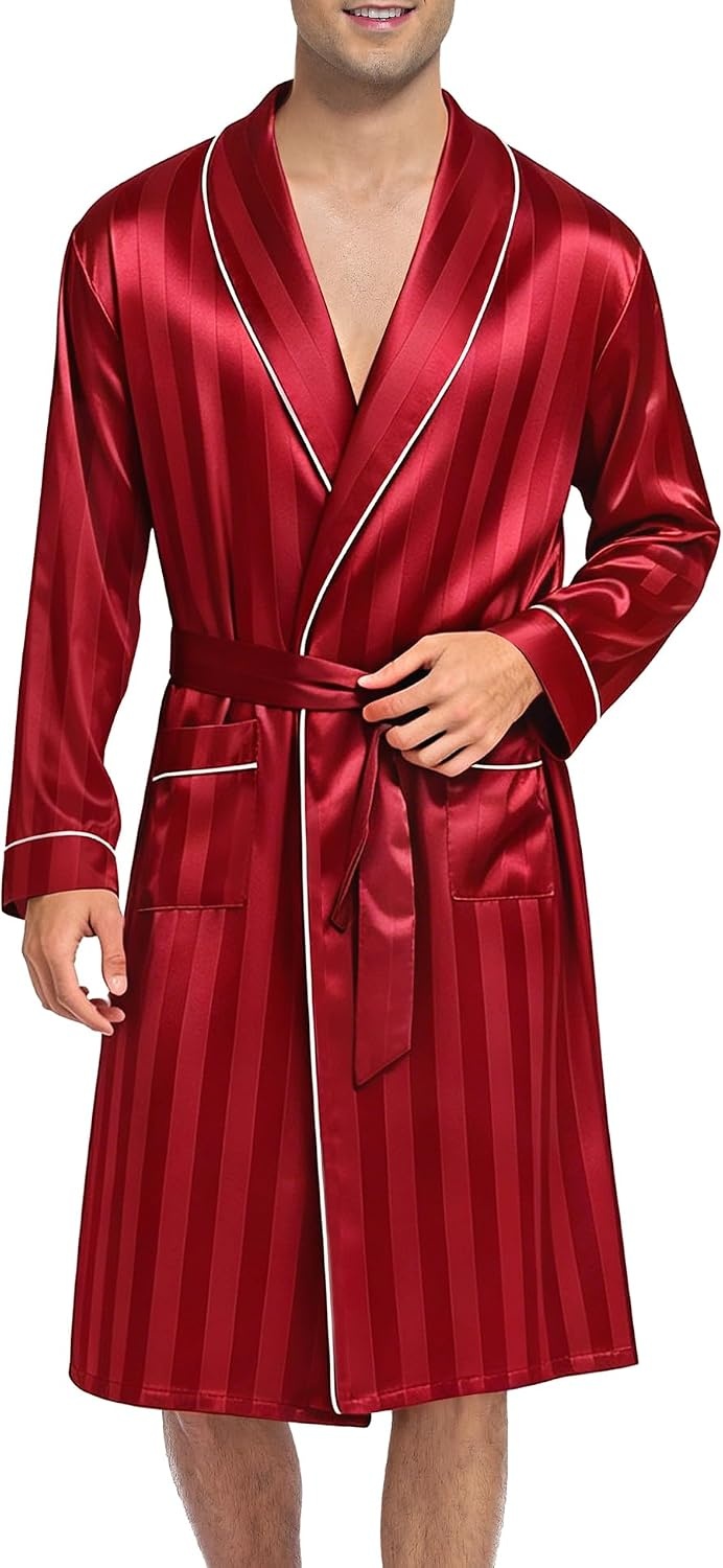 image:imageSWOMOG Mens Satin Robe Silky Kimono Bathrobe with Shorts Set Lightweight Soft Loungewear NightwearRed Stripes
