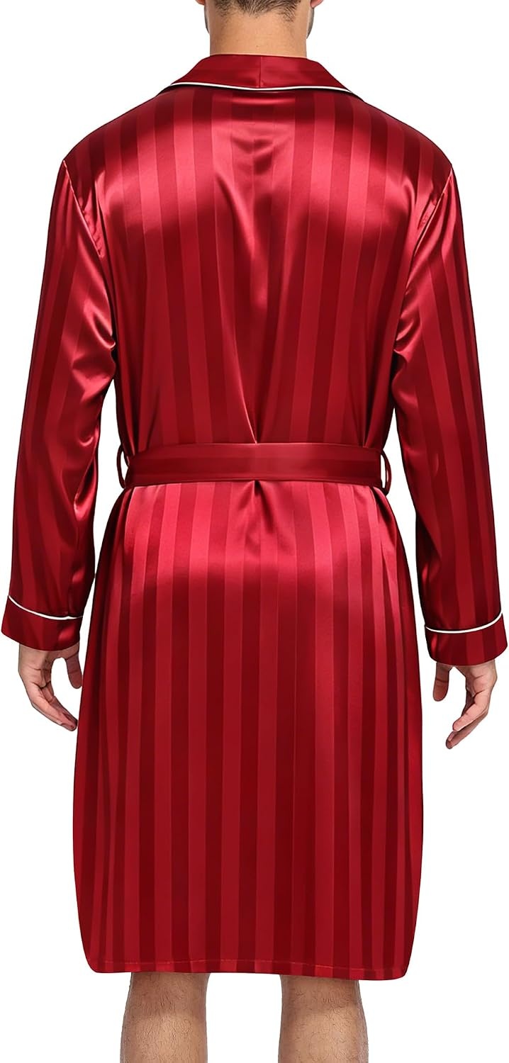 image:imageSWOMOG Mens Satin Robe Silky Kimono Bathrobe with Shorts Set Lightweight Soft Loungewear NightwearRed Stripes