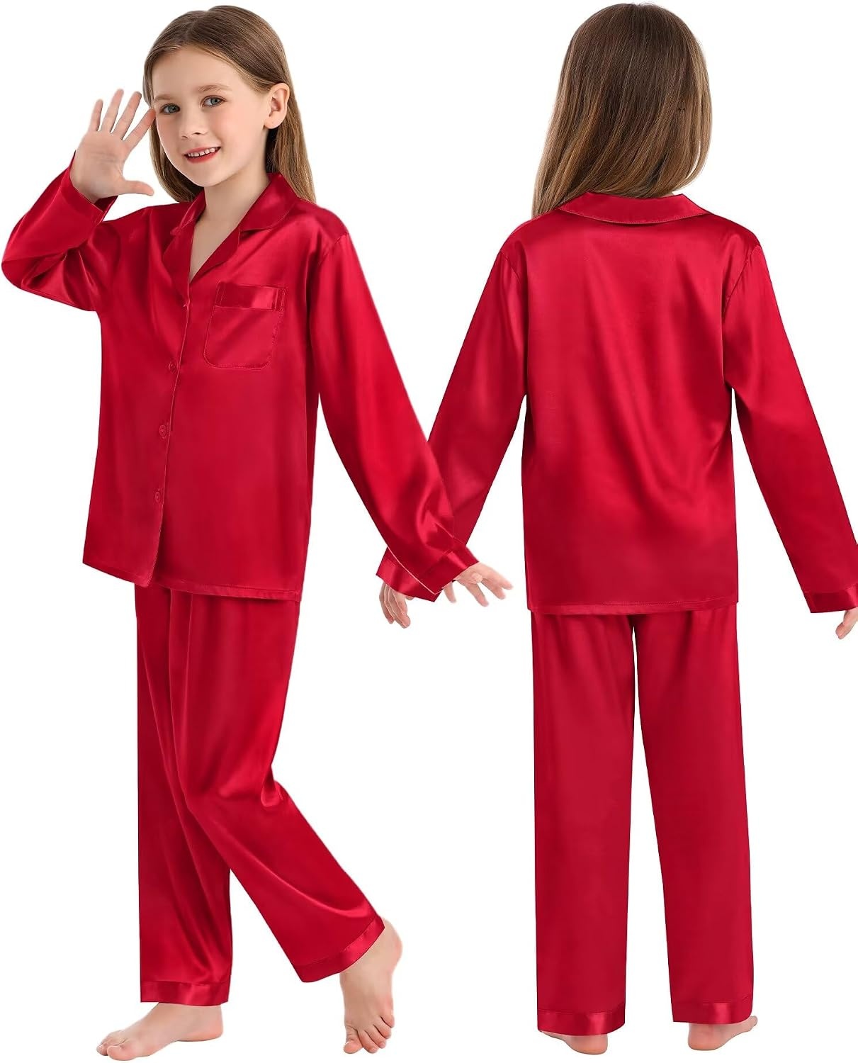 image:imageSWOMOG Pajamas Sets Silk Long Sleeve Sleepwear Soft Button Down Loungewear Pjs Set Red