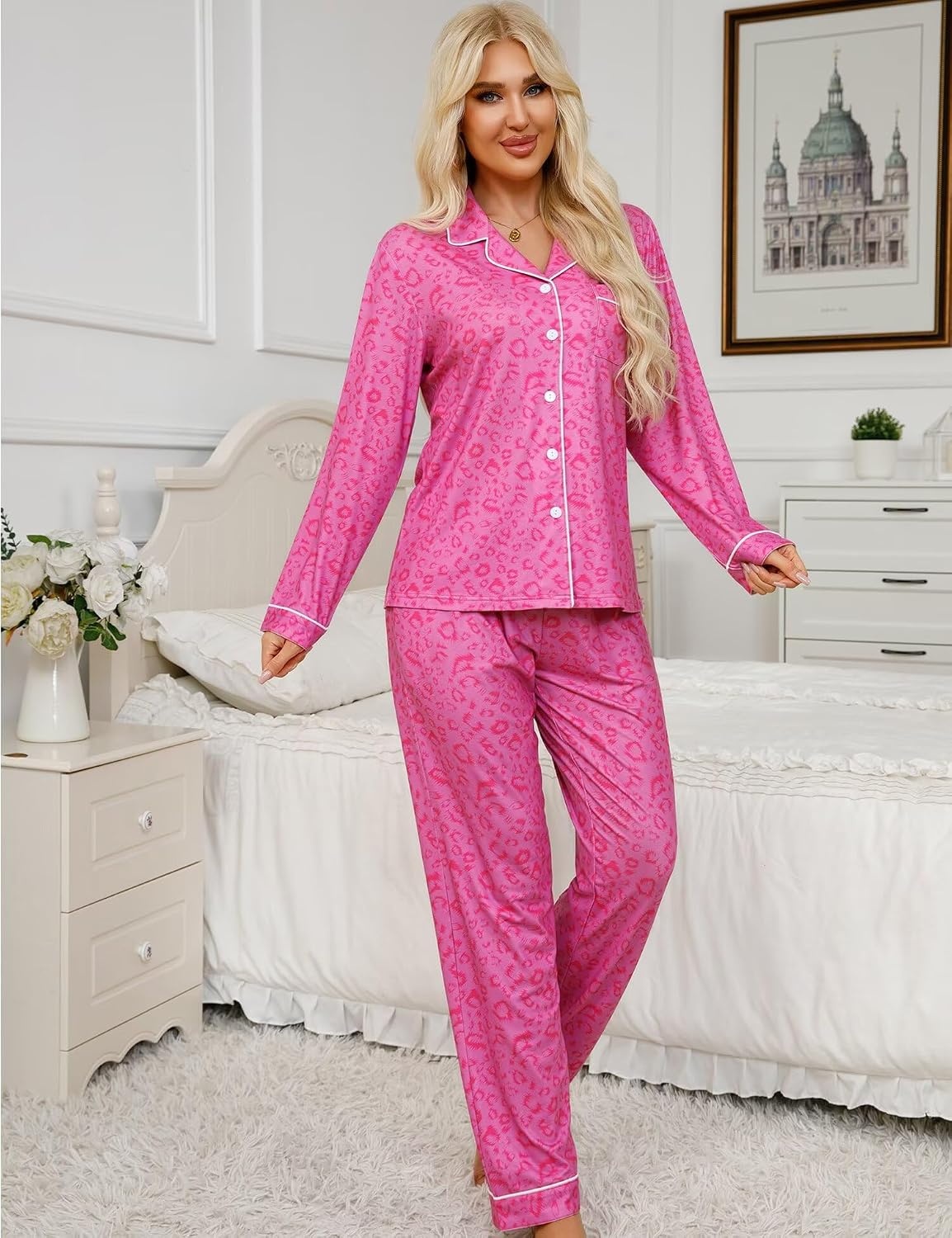 image:imageSWOMOG Womens Pajamas Set Long Sleeve Sleepwear Button Down Nightwear Soft Cotton Pj Lounge Sets