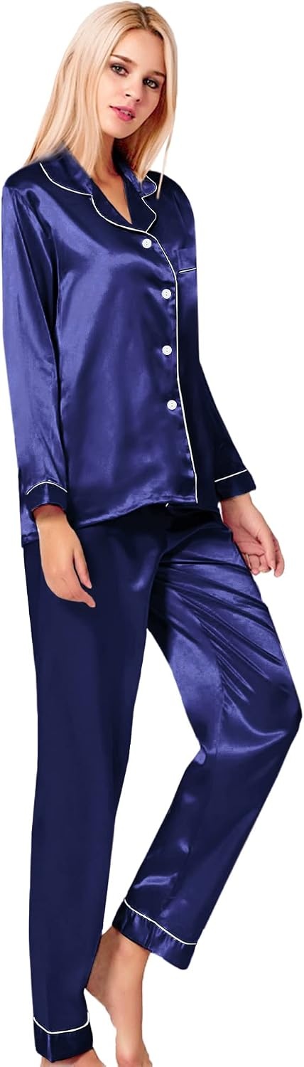 image:imageSWOMOG Womens Silk Satin Pajamas Long Sleeve Loungewear TwoPiece Sleepwear ButtonDown Pj Set Deep Sea Blue