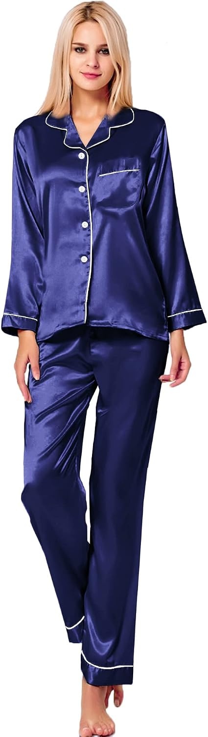 image:imageSWOMOG Womens Silk Satin Pajamas Long Sleeve Loungewear TwoPiece Sleepwear ButtonDown Pj Set Deep Sea Blue