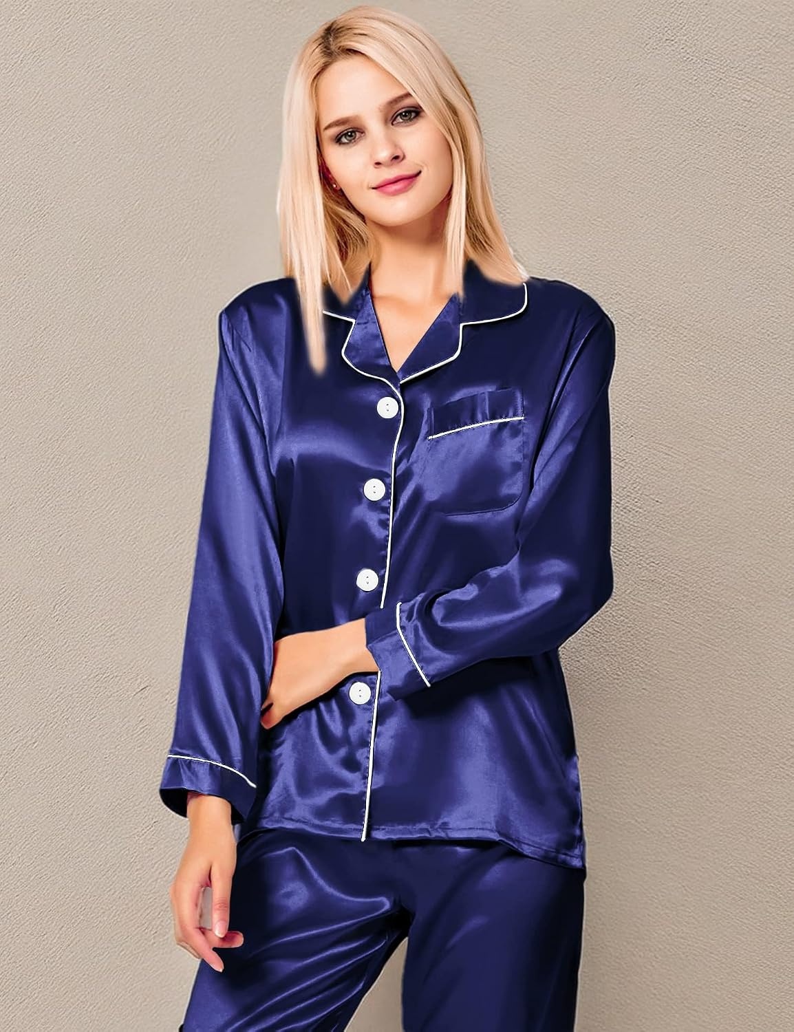 image:imageSWOMOG Womens Silk Satin Pajamas Long Sleeve Loungewear TwoPiece Sleepwear ButtonDown Pj Set Deep Sea Blue