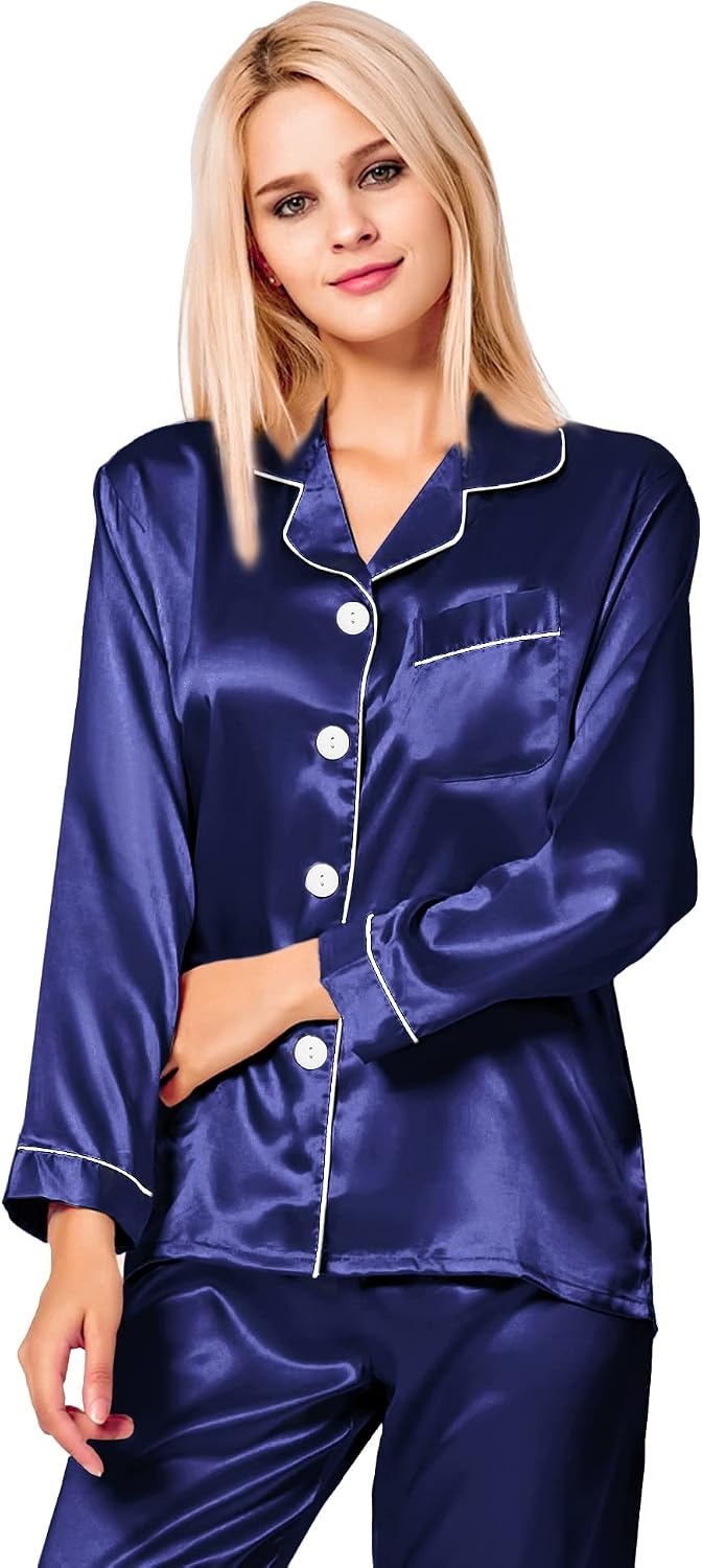 image:imageSWOMOG Womens Silk Satin Pajamas Long Sleeve Loungewear TwoPiece Sleepwear ButtonDown Pj Set Deep Sea Blue