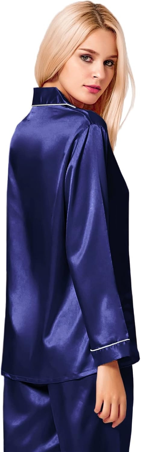 image:imageSWOMOG Womens Silk Satin Pajamas Long Sleeve Loungewear TwoPiece Sleepwear ButtonDown Pj Set Deep Sea Blue