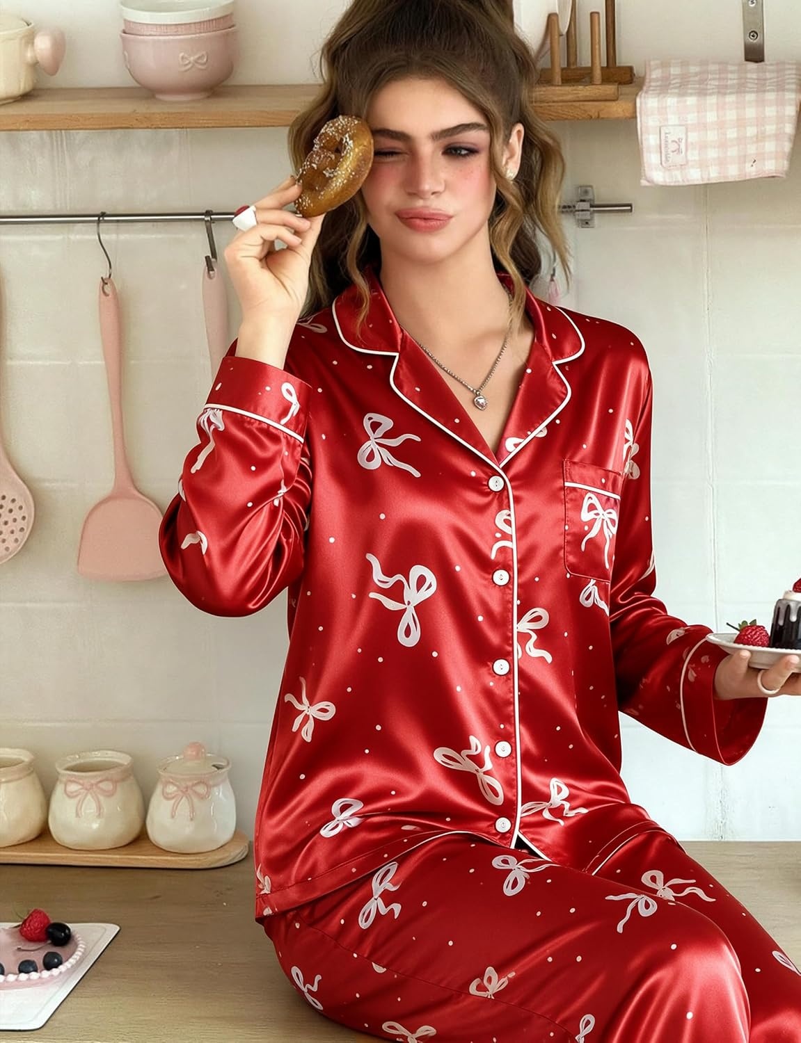 image:imageSWOMOG Womens Silk Satin Pajamas Set Long Sleeve Button Down Sleepwear 2 Piece Lounge Set Pj Set XS3XLRed White Bow Dot