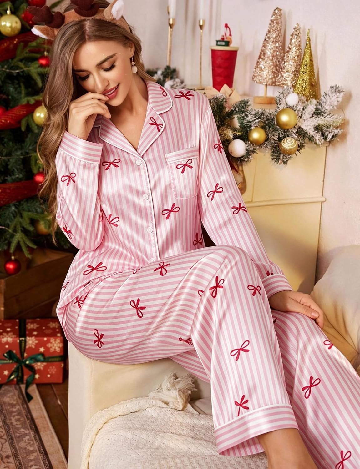 image:imageSWOMOG Womens Silk Satin Pajamas Set Long Sleeve Button Down Sleepwear 2 Piece Lounge Set Pj Set XS3XLSweet Pink Bow Striped
