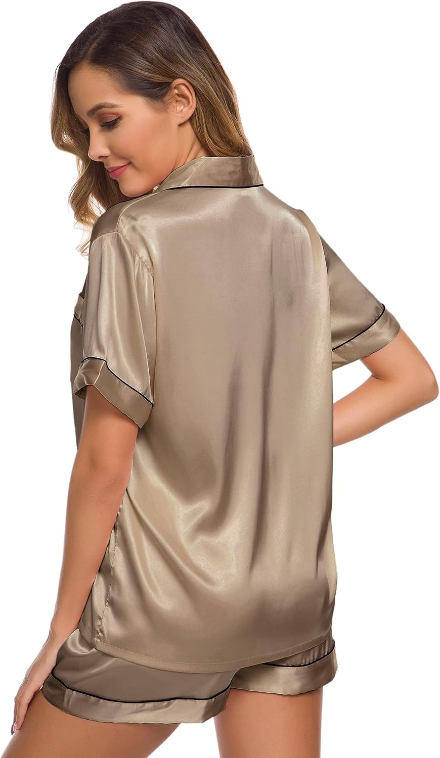 image:imageSWOMOG Womens Silk Satin Pajamas Set Short Sleeve Sleepwear Button Down Top and Shorts Loungewear 2 Piece Pjs Set XS3XL Deep Khaki Medium