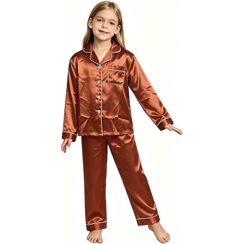 image:imageSWOMOG Couple Satin Matching Pajamas Sets 2 Pieces Long Sleeve Silk LoungewearCaramel