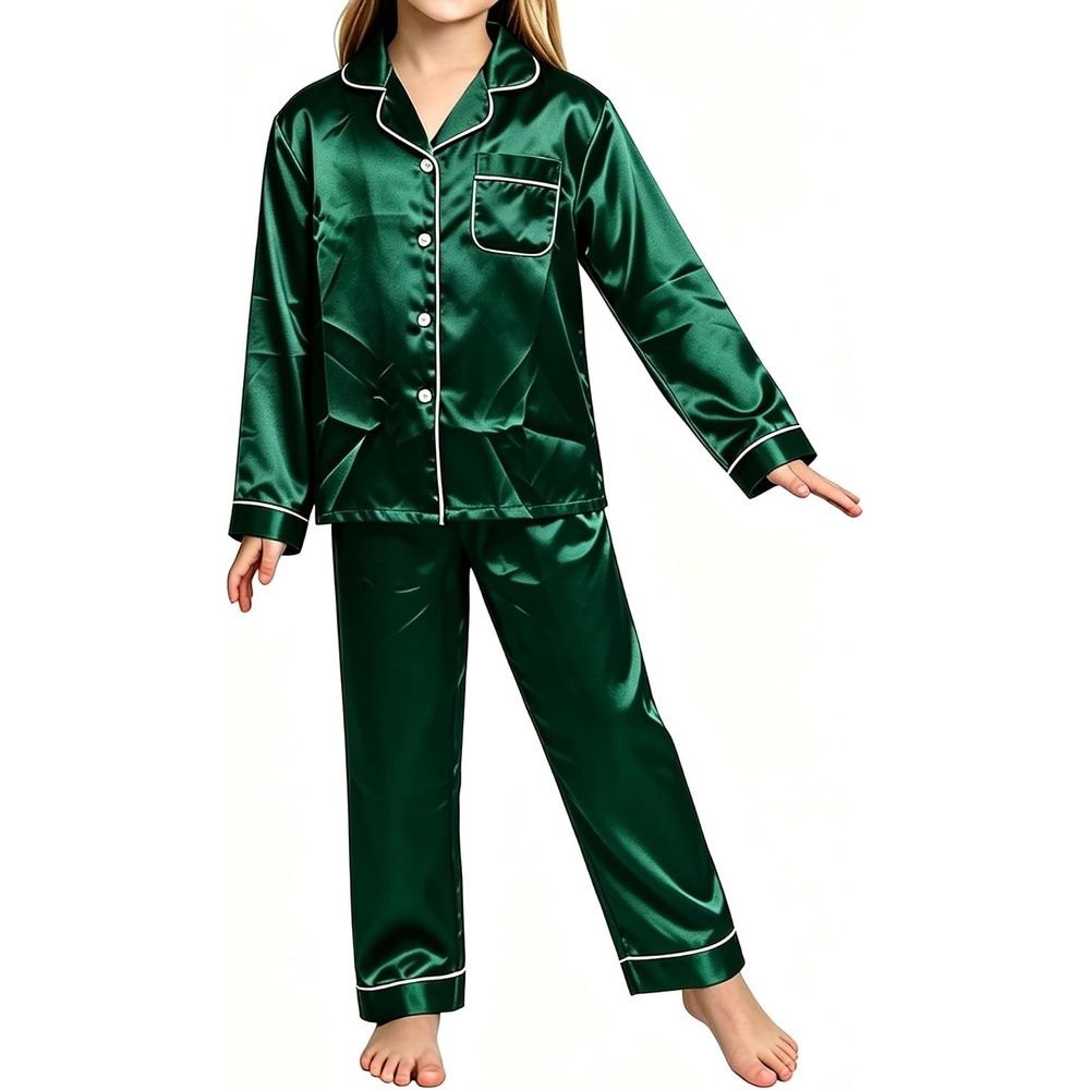 image:imageSWOMOG Couple Satin Matching Pajamas Sets 2 Pieces Long Sleeve Silk LoungewearGreen