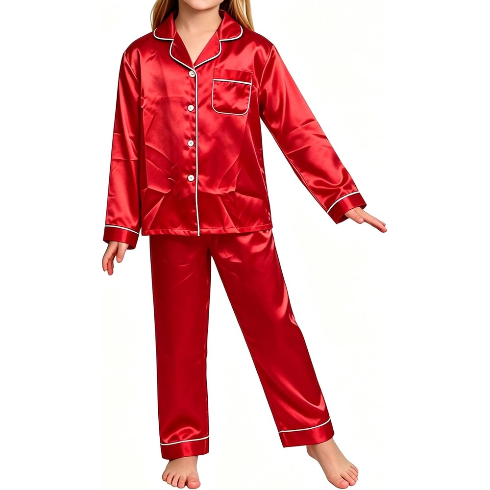 image:imageSWOMOG Couple Satin Matching Pajamas Sets 2 Pieces Long Sleeve Silk LoungewearRed