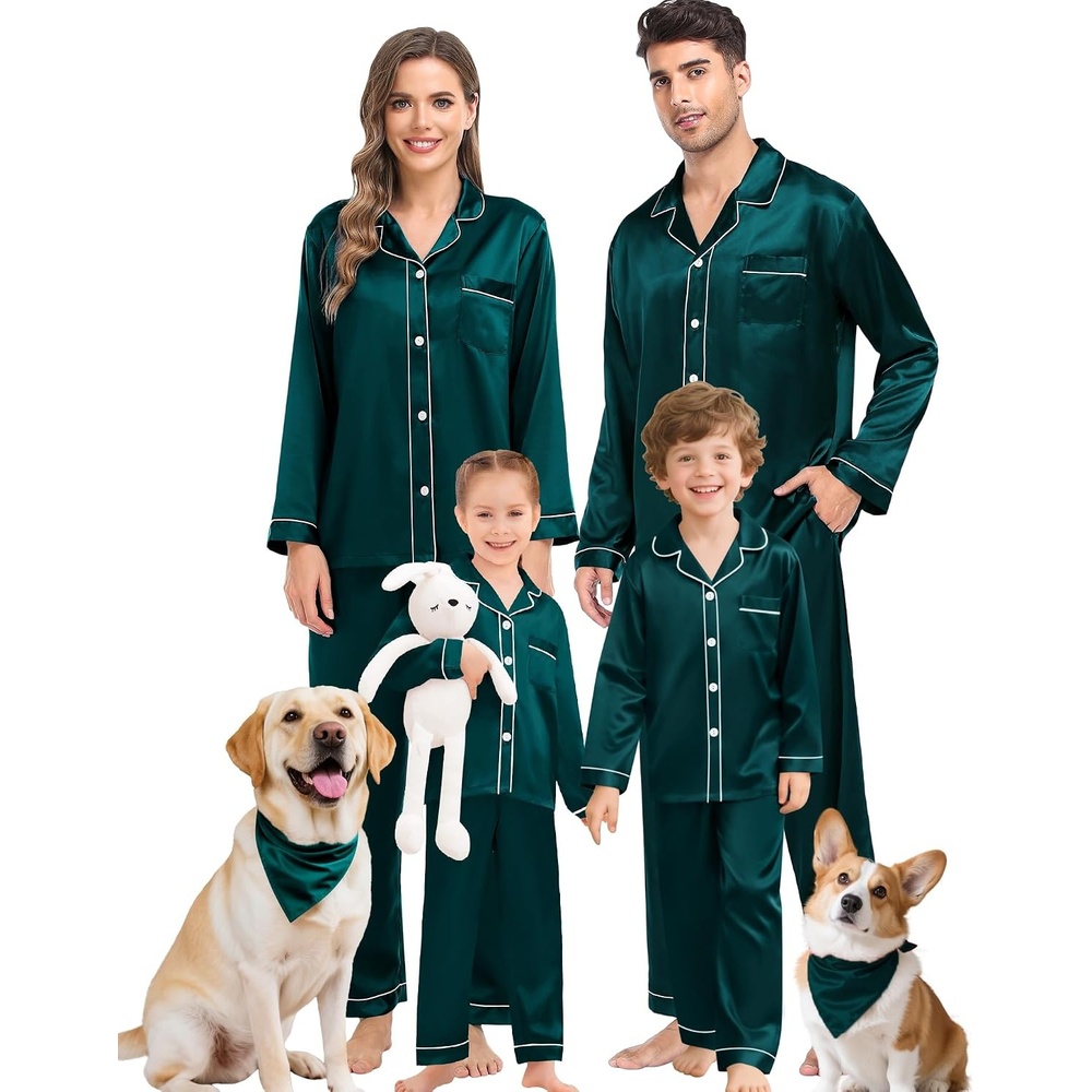 image:imageSWOMOG Family Matching Pajama Set Silky Satin Pajamas Long Sleeve Sleepwear Button Down Loungewear 2 Pcs Pj SetDeep Green 110Age for 45Y