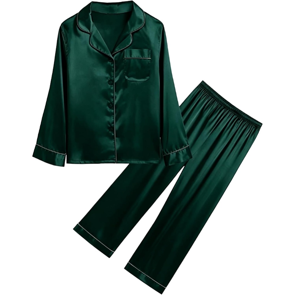 image:imageSWOMOG Family Satin Pajama Set Long Sleeve Sleepwear Button Down Loungewear Silky Pj Set with Long PantsPure Deep Green
