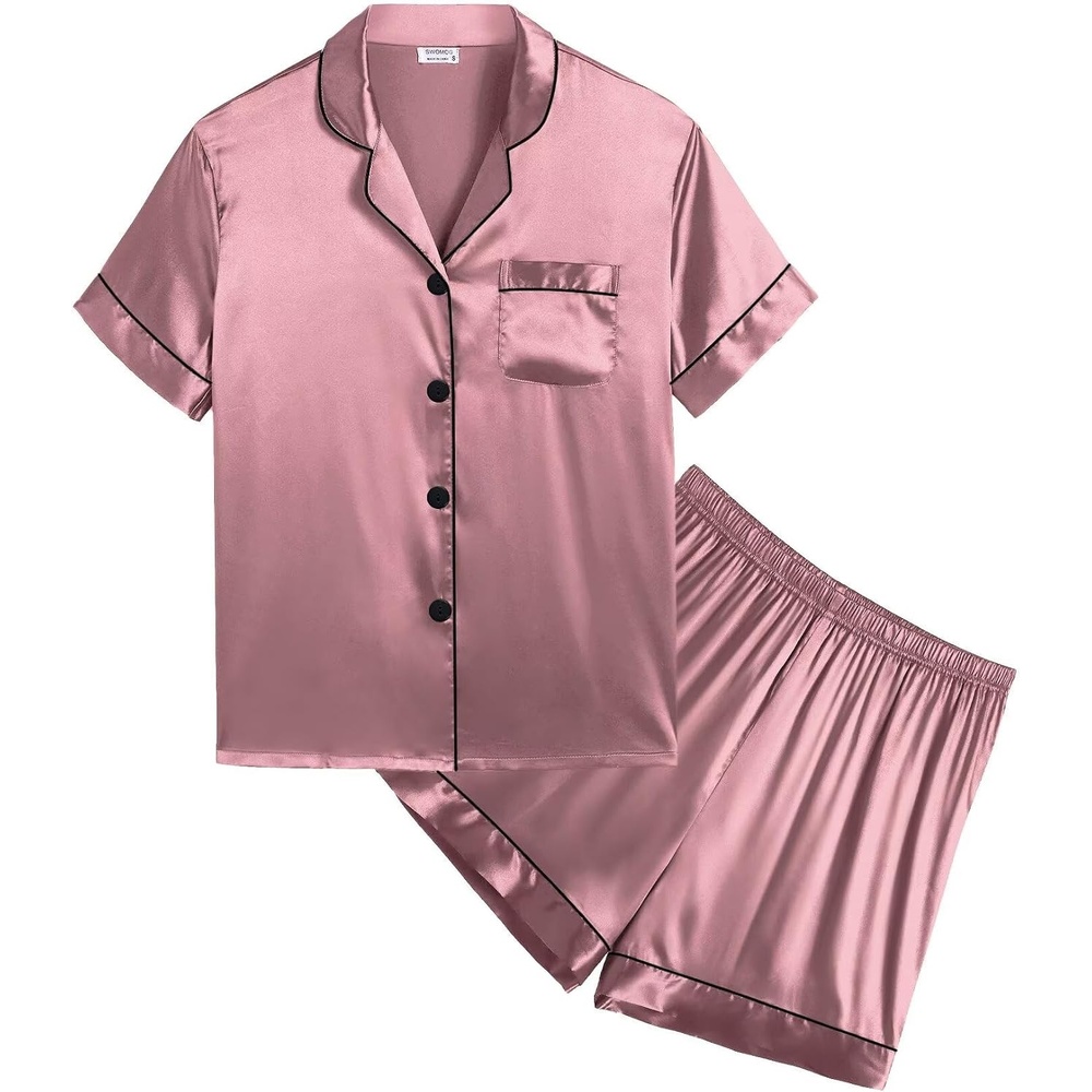 image:imageSWOMOG Kids Satin Pajamas Sets Girls Boys ButtonDown Pjs Short Sleeve Silk Nightwear 2 Piece Lounge Sets Misty Rose