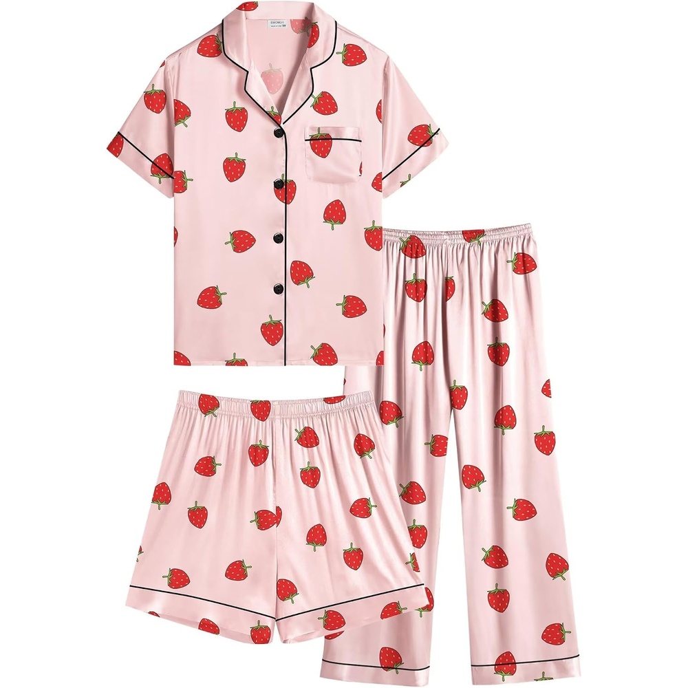 image:imageSWOMOG Kids Silk Pajamas 3 Piece Girls Boys Satin Pajamas Set ButtonDown PJs Set Soft Loungewear Short Sleeve Sleepwear