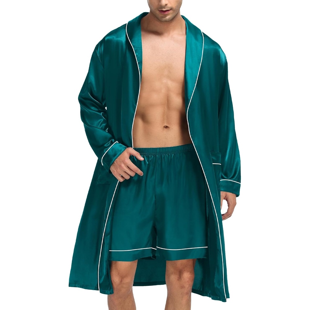 image:imageSWOMOG Mens Satin Robe Silky Kimono Bathrobe with Shorts Set Lightweight Soft Loungewear Nightwear0green