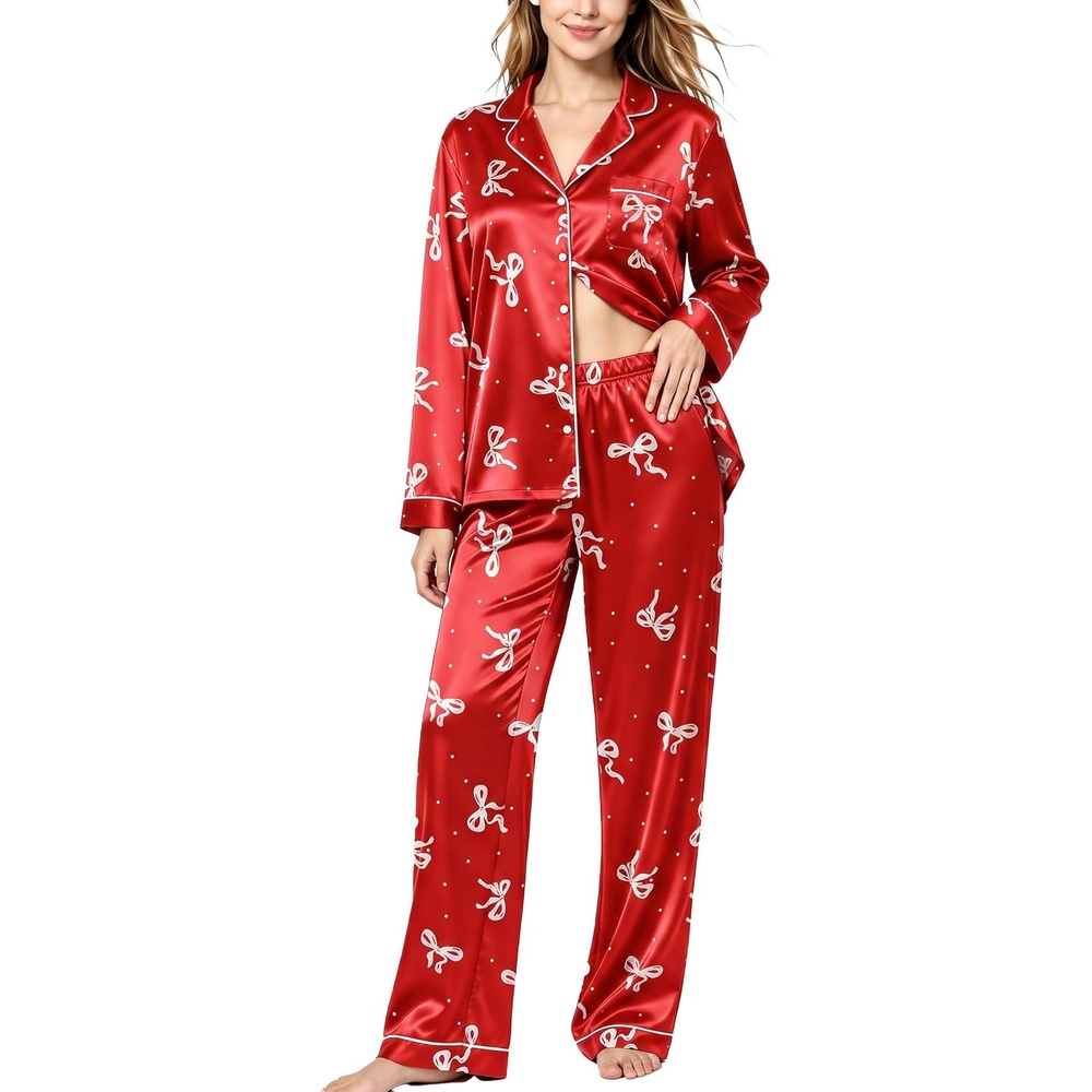 image:imageSWOMOG Womens Silk Satin Pajamas Set Long Sleeve Button Down Sleepwear 2 Piece Lounge Set Pj Set XS3XLRed White Bow Dot