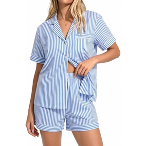 SWOMOG 100% Cotton Pajama Set For Women 2PCS Plaid Pjs Set Short Sleeve Shirts with Pockets Button Down Cute Loungewear Blue Stripe