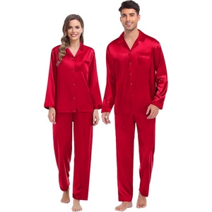 SWOMOG Couples Pajama Sets Men & Women Satin Long Sleeve Sleepwear Silky Classic Button Down Soft Loungewear Pjs Set Women Pure Red X-Large