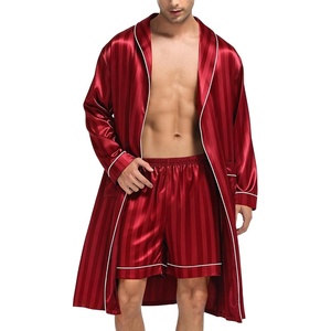 SWOMOG Men’s Satin Robe Silky Kimono Bathrobe with Shorts Set Lightweight Soft Loungewear Nightwear(Red Stripes)