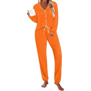 SWOMOG Womens Pajamas Set Long Sleeve Sleepwear Button Down Nightwear Soft Joggers PJs Sets with Pockets Lounge Sets Orange