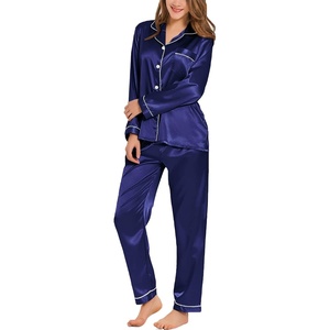 SWOMOG Womens Silk Satin Pajamas Long Sleeve Loungewear Two-Piece Sleepwear Button-Down Pj Set Deep Sea Blue