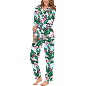 SWOMOG Womens Silk Satin Pajamas Set Long Sleeve Button Down Sleepwear 2 Piece Lounge Set Pj Set XS-3XL Tropical Floral Print Large