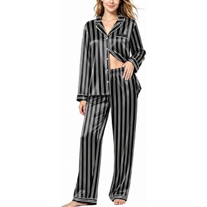 SWOMOG Womens Silk Satin Pajamas Set Long Sleeve Button Down Sleepwear 2 Piece Lounge Set Pj Set XS-3XL(Striped in Black)