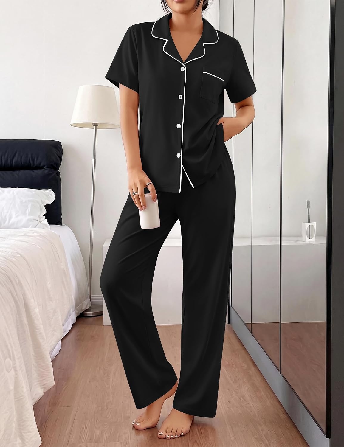 image:imageSWOMOG 100 Cotton Women Pajamas Set 2PCS Button Down Pjs Print Soft Lounge Short Sleeve Tops and Long Pants with PocketBlack