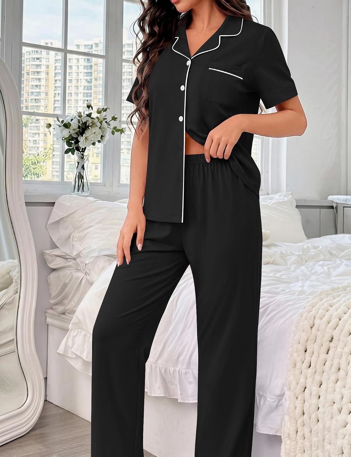 image:imageSWOMOG 100 Cotton Women Pajamas Set 2PCS Button Down Pjs Print Soft Lounge Short Sleeve Tops and Long Pants with PocketBlack