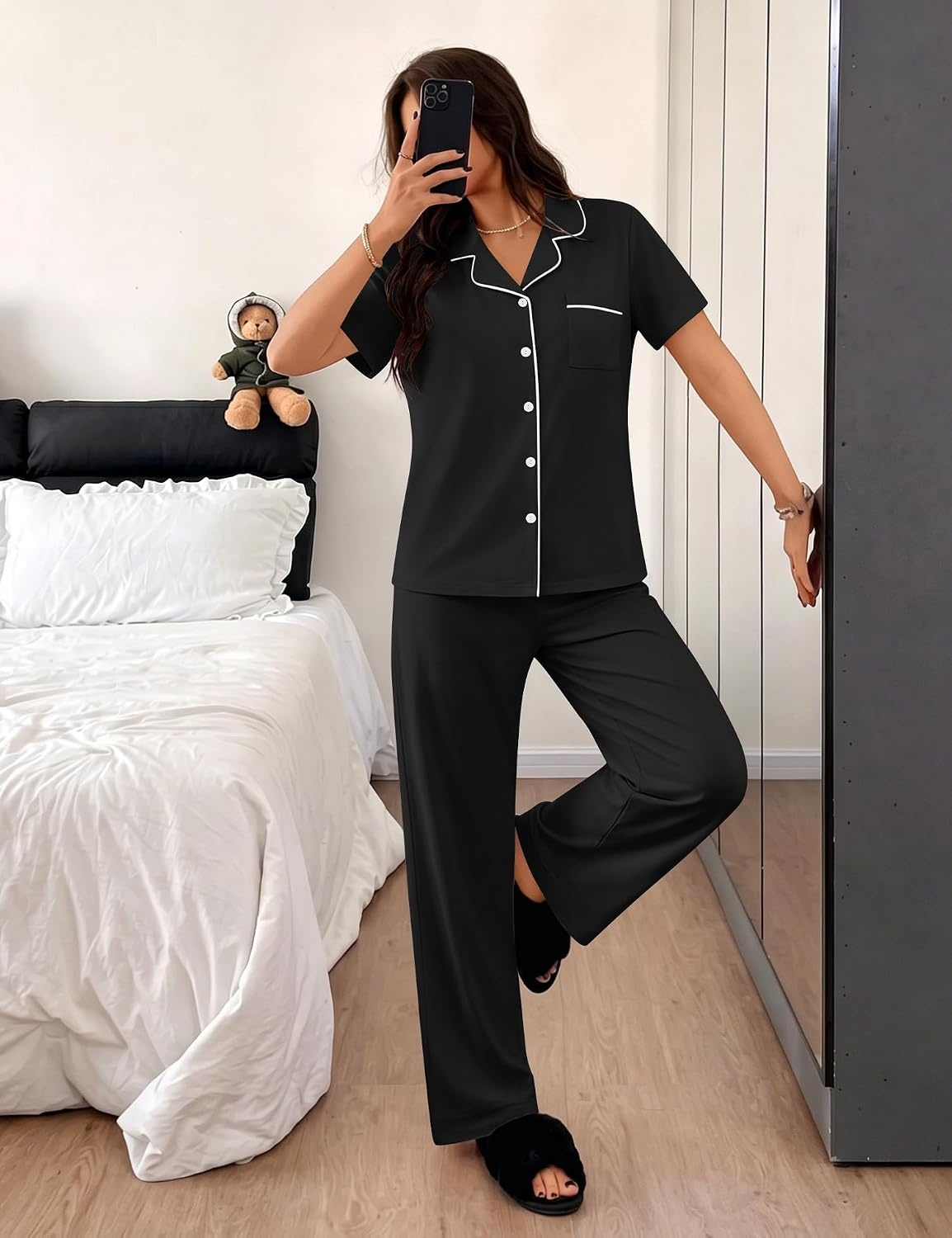 image:imageSWOMOG 100 Cotton Women Pajamas Set 2PCS Button Down Pjs Print Soft Lounge Short Sleeve Tops and Long Pants with PocketBlack