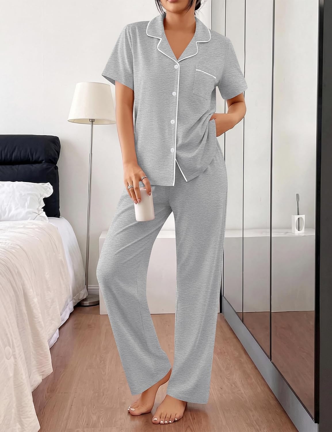 image:imageSWOMOG 100 Cotton Women Pajamas Set 2PCS Button Down Pjs Print Soft Lounge Short Sleeve Tops and Long Pants with PocketGrey