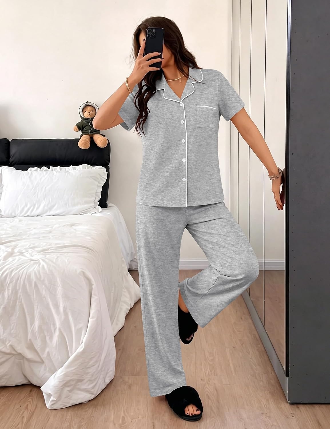 image:imageSWOMOG 100 Cotton Women Pajamas Set 2PCS Button Down Pjs Print Soft Lounge Short Sleeve Tops and Long Pants with PocketGrey