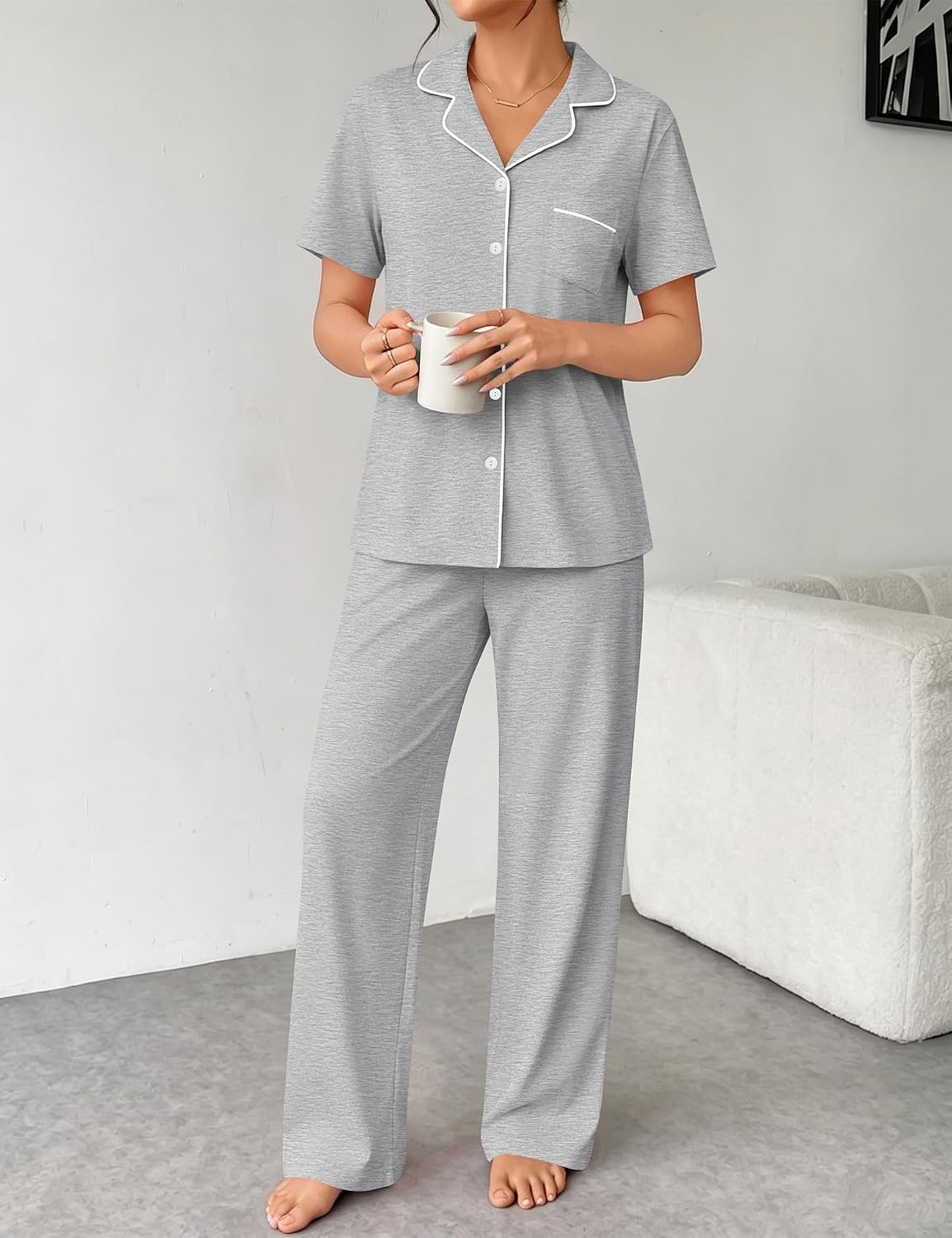 image:imageSWOMOG 100 Cotton Women Pajamas Set 2PCS Button Down Pjs Print Soft Lounge Short Sleeve Tops and Long Pants with PocketGrey