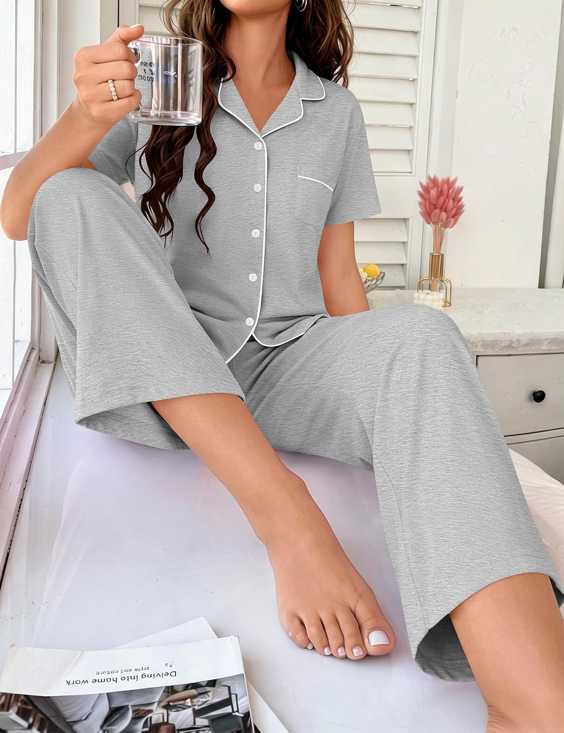 image:imageSWOMOG 100 Cotton Women Pajamas Set 2PCS Button Down Pjs Print Soft Lounge Short Sleeve Tops and Long Pants with PocketGrey