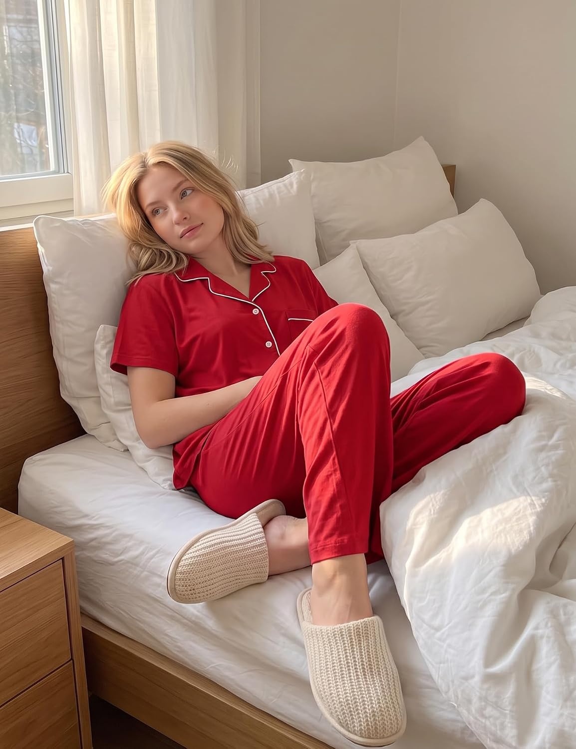 image:imageSWOMOG 100 Cotton Women Pajamas Set 2PCS Button Down Pjs Print Soft Lounge Short Sleeve Tops and Long Pants with PocketRed