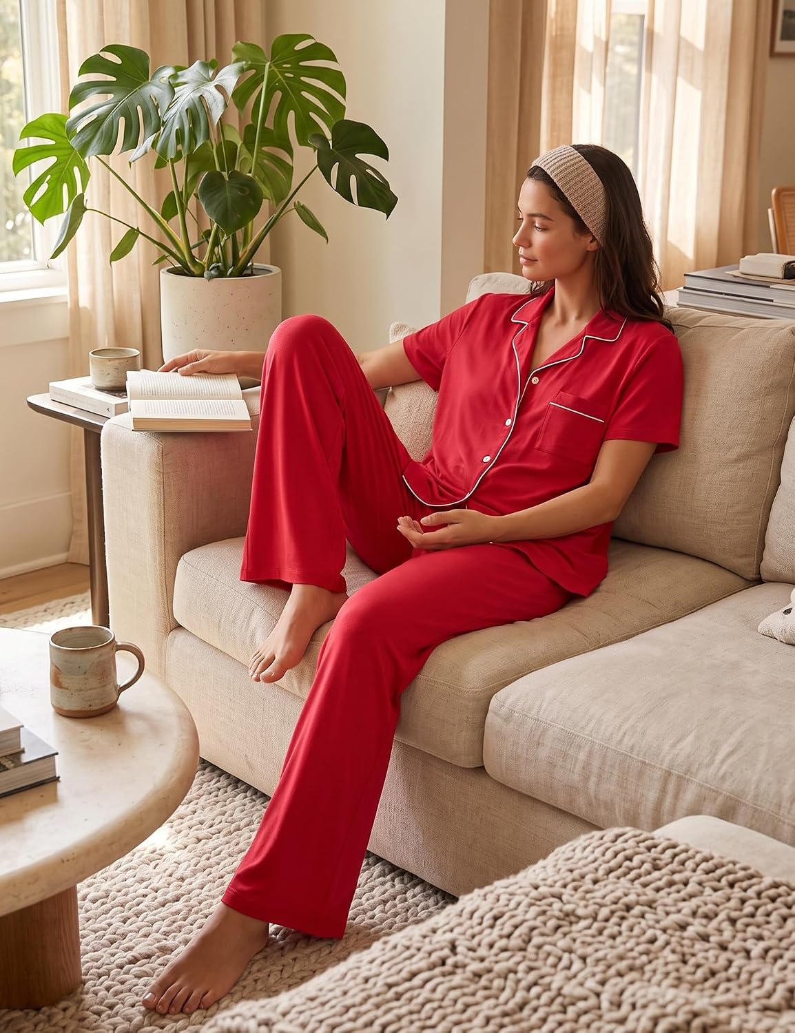 image:imageSWOMOG 100 Cotton Women Pajamas Set 2PCS Button Down Pjs Print Soft Lounge Short Sleeve Tops and Long Pants with PocketRed