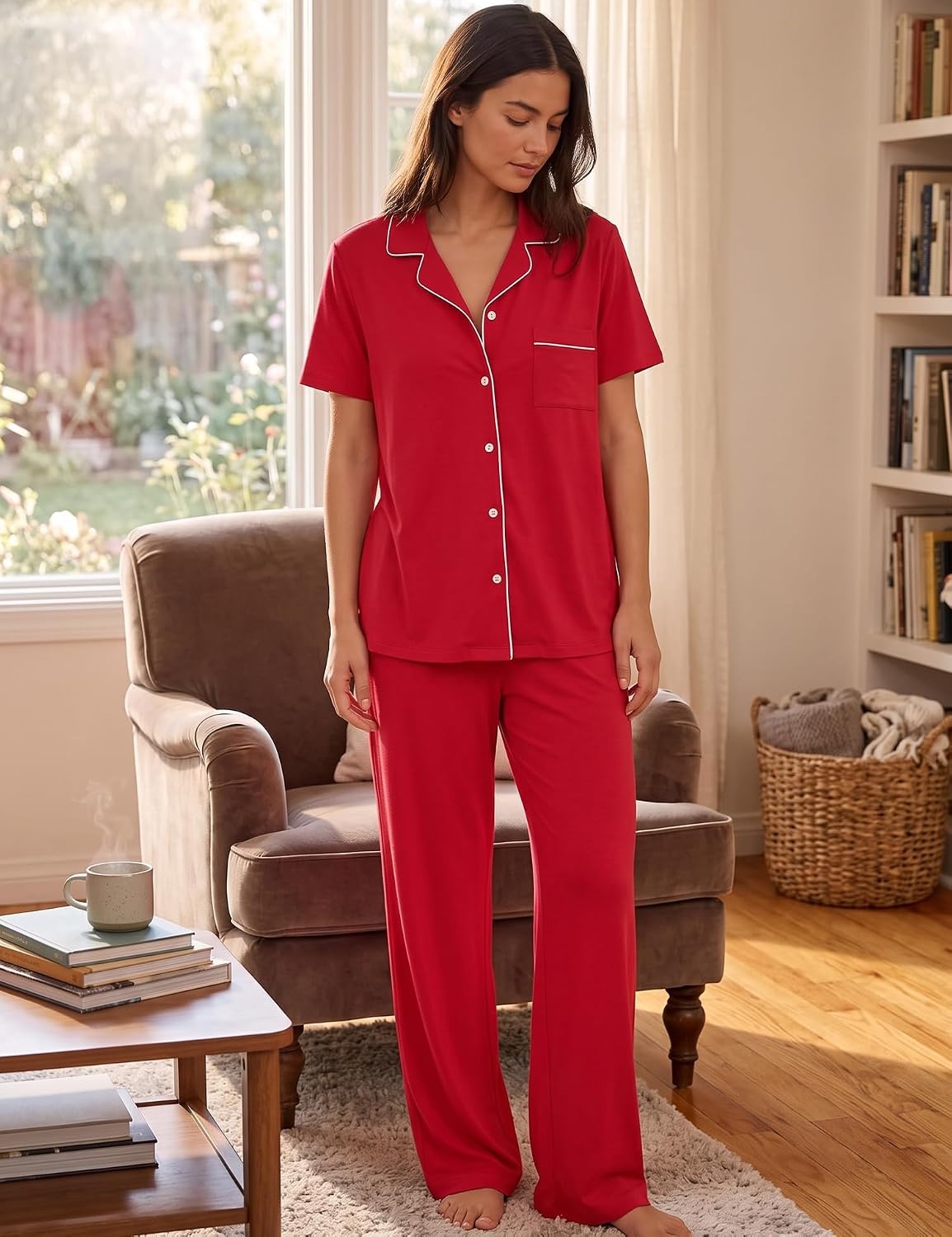 image:imageSWOMOG 100 Cotton Women Pajamas Set 2PCS Button Down Pjs Print Soft Lounge Short Sleeve Tops and Long Pants with PocketRed