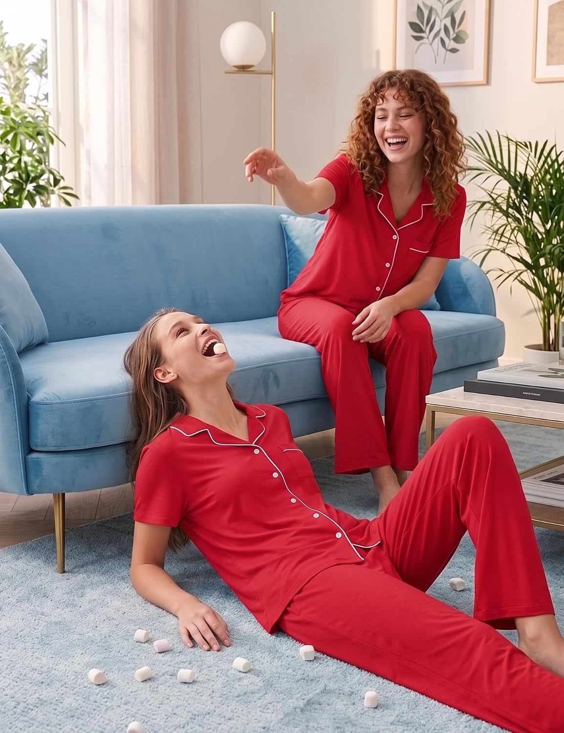image:imageSWOMOG 100 Cotton Women Pajamas Set 2PCS Button Down Pjs Print Soft Lounge Short Sleeve Tops and Long Pants with PocketRed