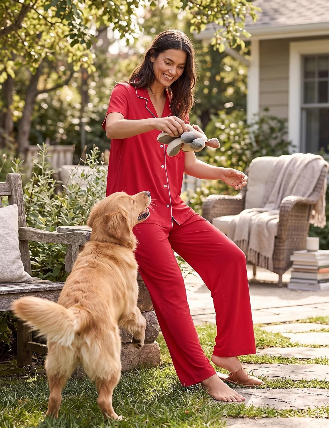 image:imageSWOMOG 100 Cotton Women Pajamas Set 2PCS Button Down Pjs Print Soft Lounge Short Sleeve Tops and Long Pants with PocketRed