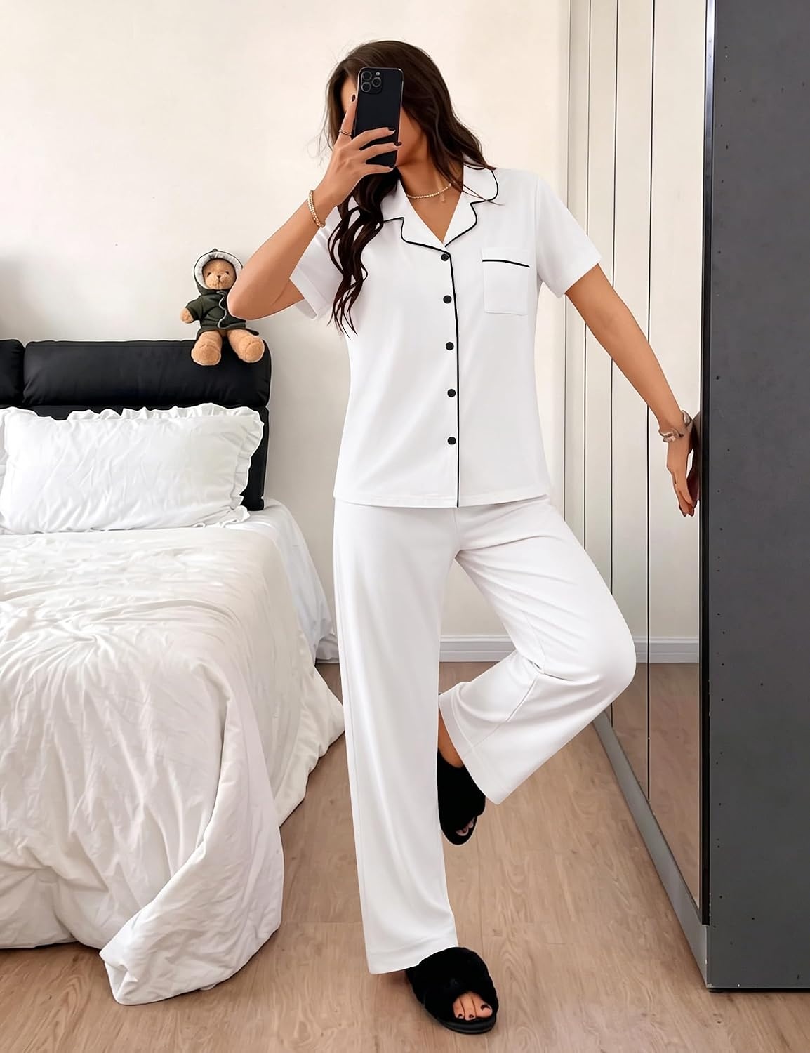 image:imageSWOMOG 100 Cotton Women Pajamas Set 2PCS Button Down Pjs Print Soft Lounge Short Sleeve Tops and Long Pants with PocketWhite