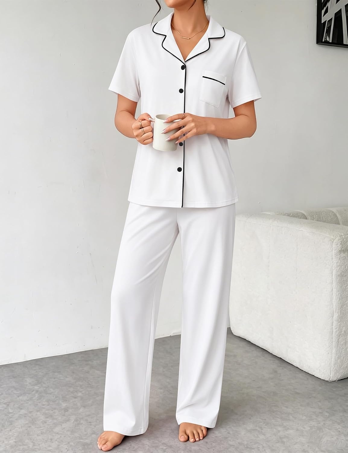image:imageSWOMOG 100 Cotton Women Pajamas Set 2PCS Button Down Pjs Print Soft Lounge Short Sleeve Tops and Long Pants with PocketWhite