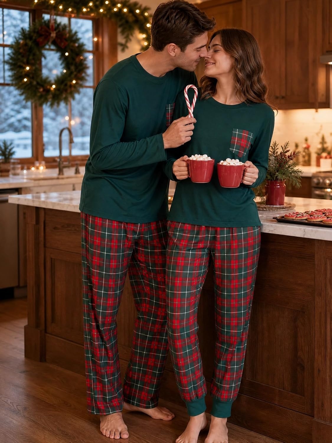 image:imageSWOMOG Adult Christmas Pajamas Buffalo Plaid Pajama Pants with Pockets Long Sleeve Tops for Couples amp FamilyEmerald Green