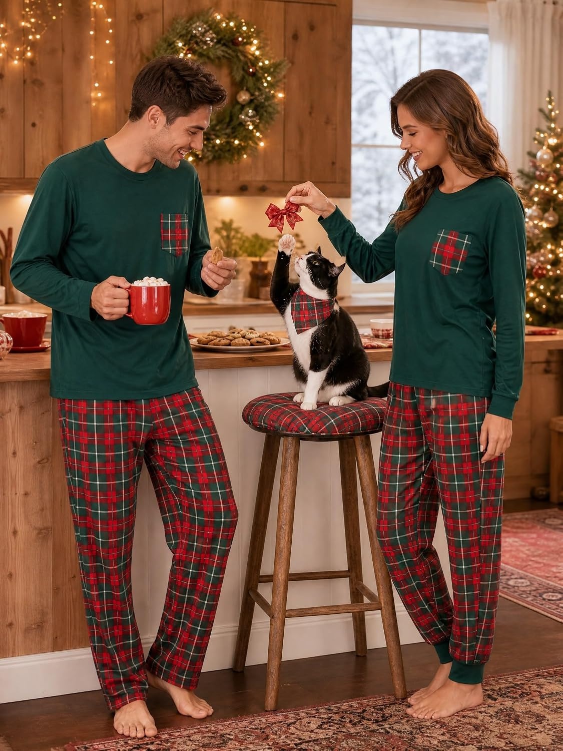 image:imageSWOMOG Adult Christmas Pajamas Buffalo Plaid Pajama Pants with Pockets Long Sleeve Tops for Couples amp FamilyEmerald Green