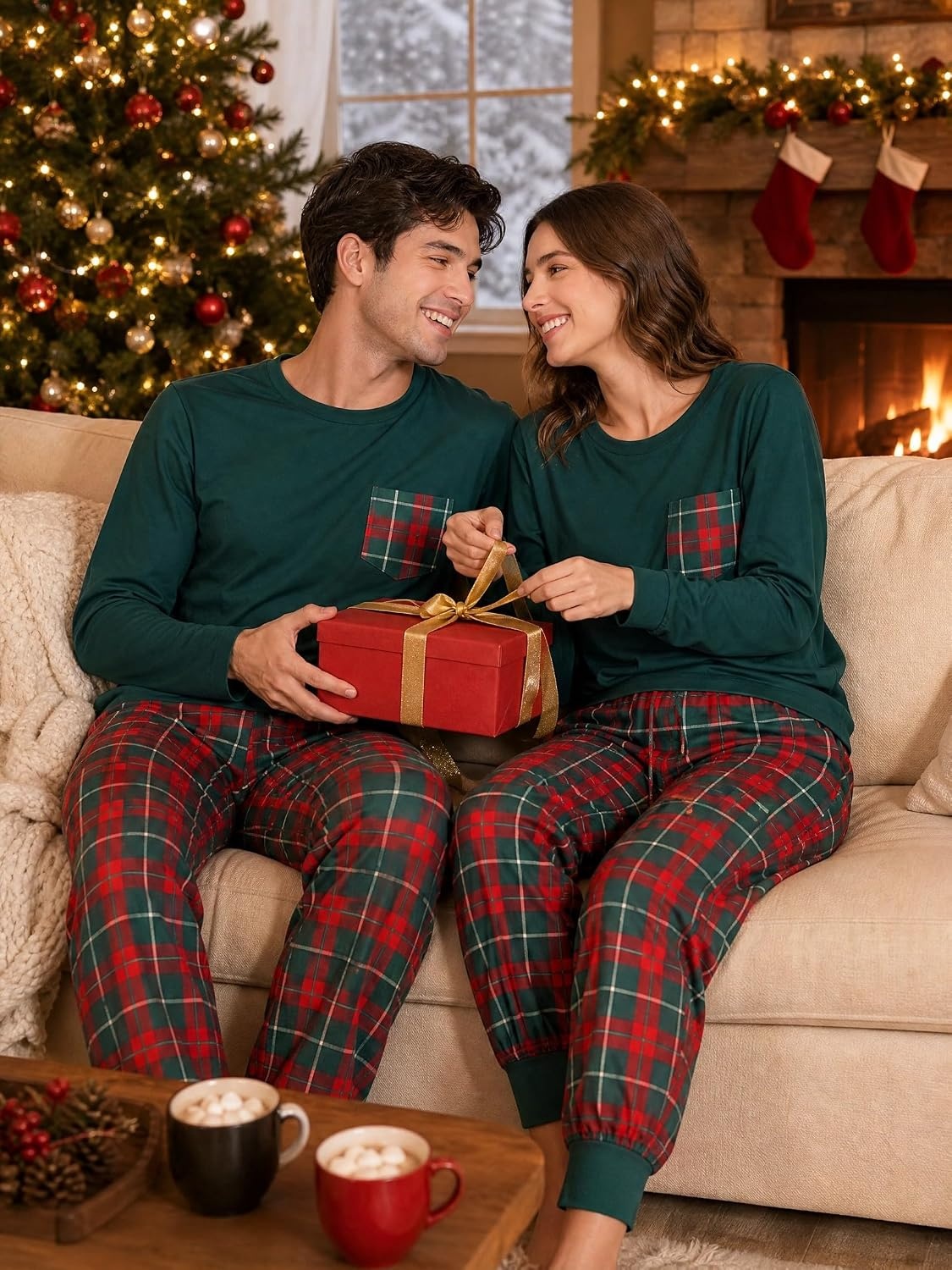 image:imageSWOMOG Adult Christmas Pajamas Buffalo Plaid Pajama Pants with Pockets Long Sleeve Tops for Couples amp FamilyEmerald Green