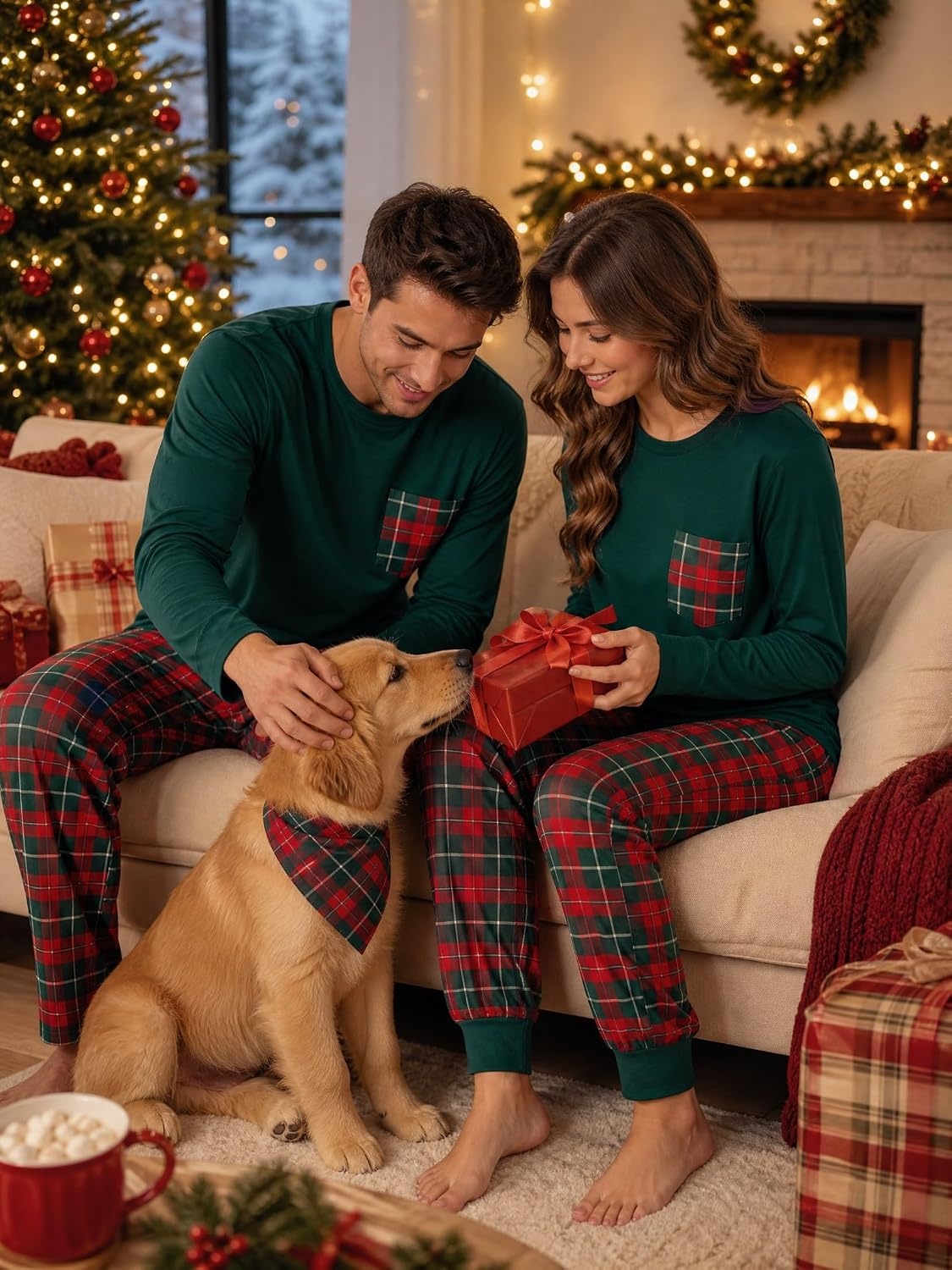 image:imageSWOMOG Adult Christmas Pajamas Buffalo Plaid Pajama Pants with Pockets Long Sleeve Tops for Couples amp FamilyEmerald Green