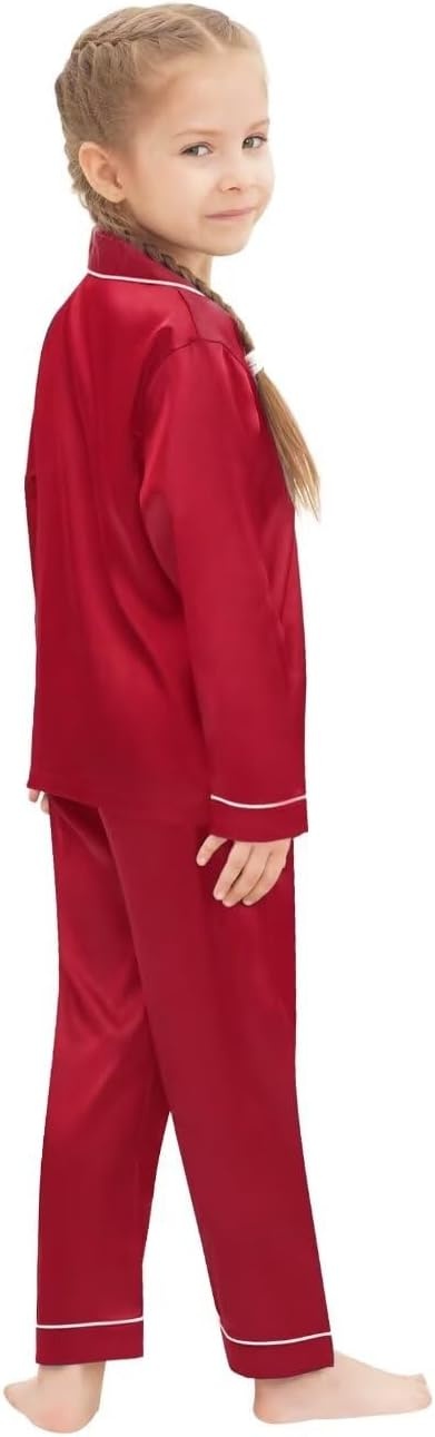 image:imageSWOMOG Family Matching Pajamas Set Silk Satin Button Down Sleepwear Long Sleeve Nightwear 2 Pcs Pj Set SXXLCherry Red1