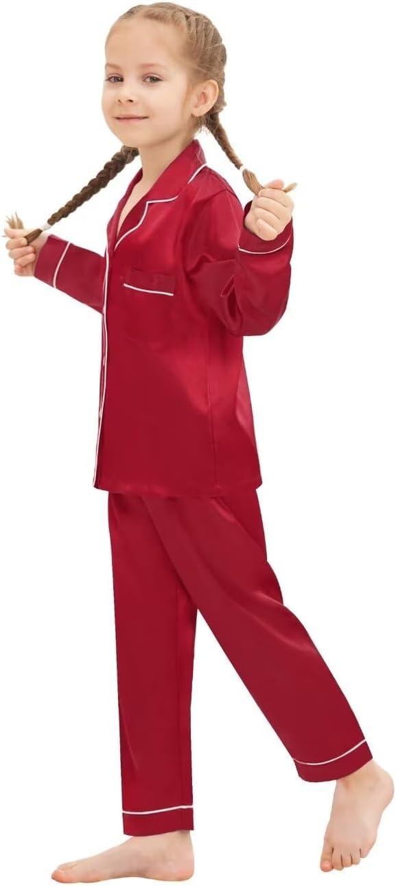 image:imageSWOMOG Family Matching Pajamas Set Silk Satin Button Down Sleepwear Long Sleeve Nightwear 2 Pcs Pj Set SXXLCherry Red1