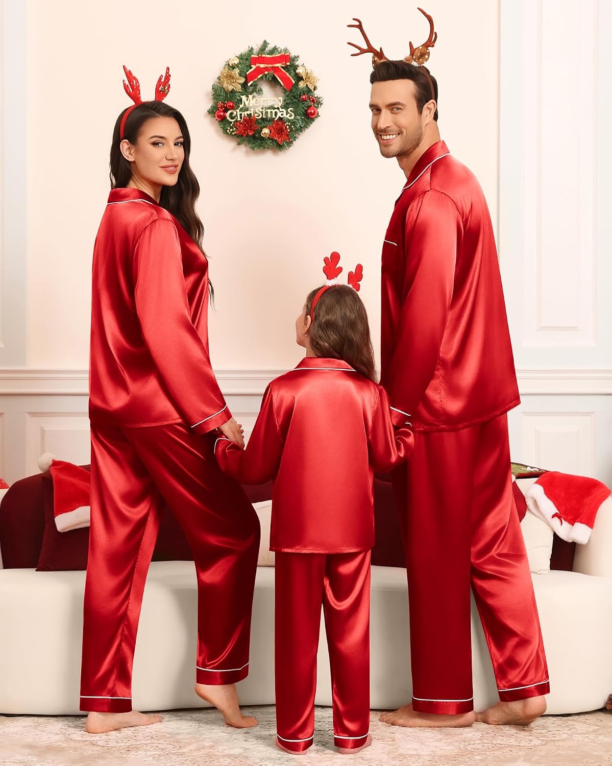 image:imageSWOMOG Family Matching Pajamas Set Silk Satin Button Down Sleepwear Long Sleeve Nightwear 2 Pcs Pj Set SXXLRed1